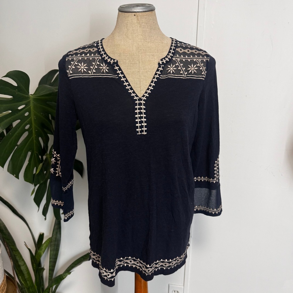 Lucky Brand Tunic Top Women S Navy Blue Embroidered Boho Sheer Panel V-Neck